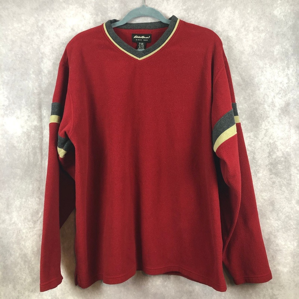Eddie Bauer Pullover Sweater V Neck Red Striped Sleeves Mens Size Tall XL
